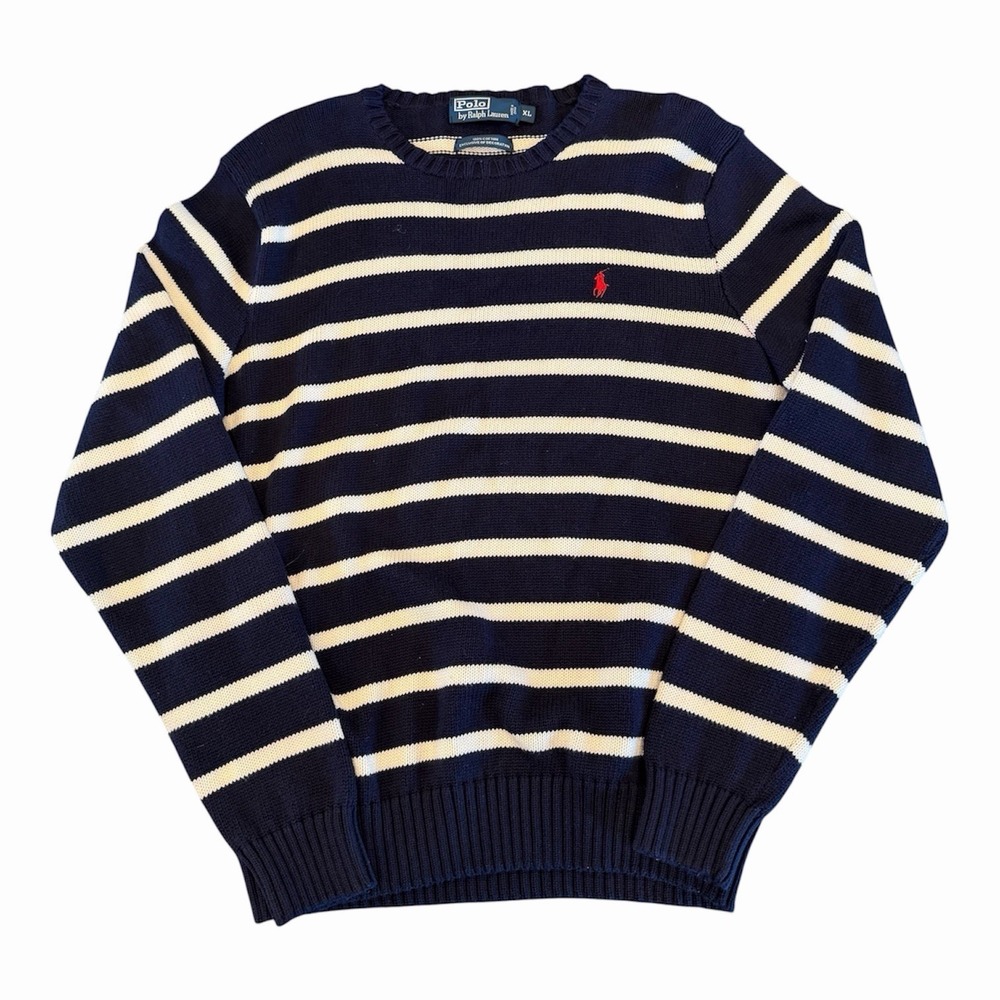 Vintag Polo Ralph Lauren Blue White Stipe Cotton Crew Neck Sweater Red Pony XL - Picture 1 of 3